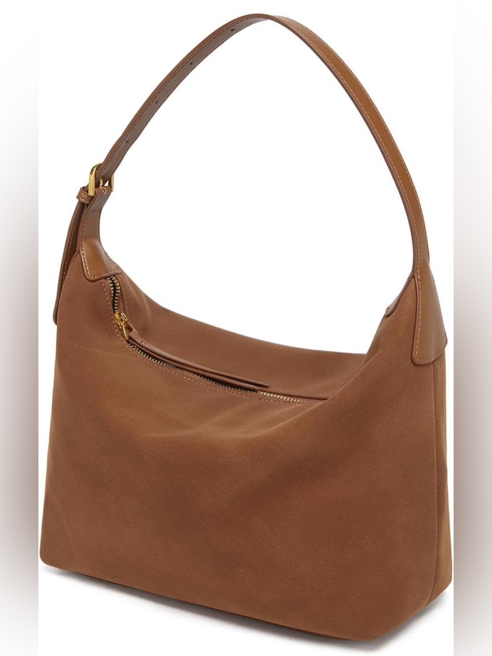 Classic Medium Brown Faux Suede Shoulder Hobo Bag with Adjustable Strap 10.6 in